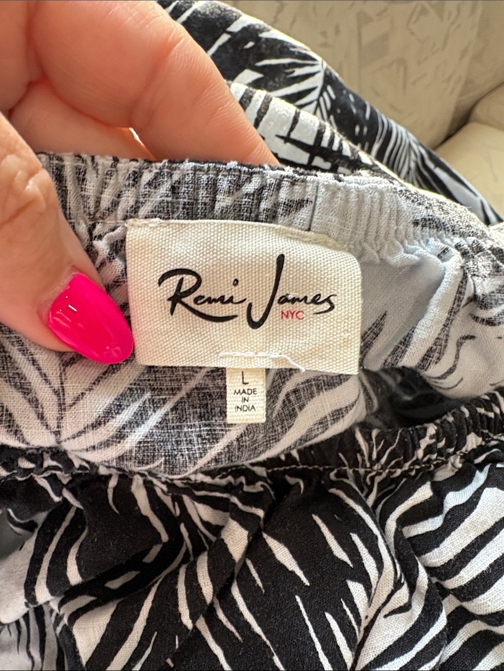 Remi James NYC women’s linen on off Shoulder Black White Palm-Print Top Ruffle L - Picture 7 of 11